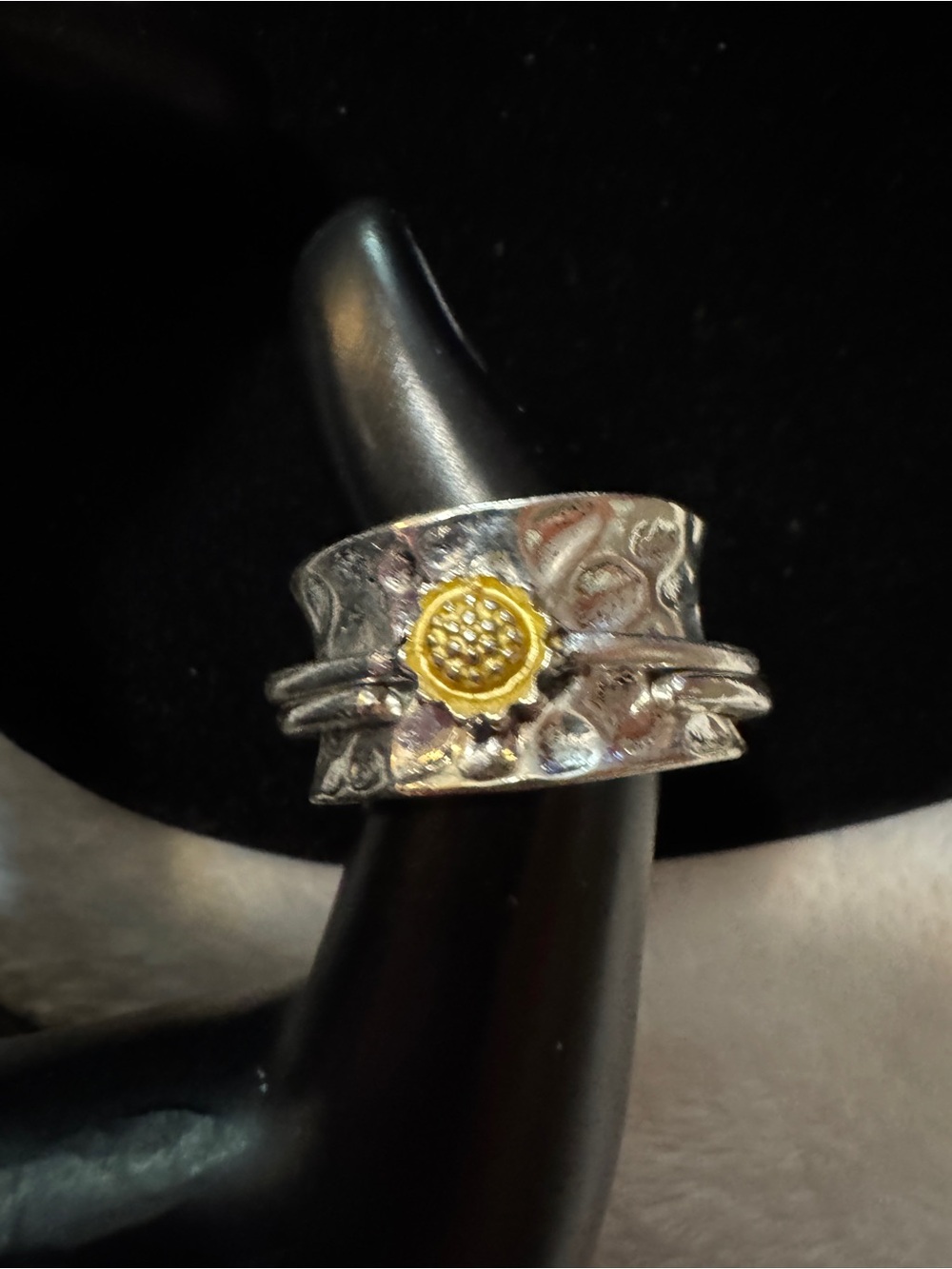 Two-Tone Floral Accent Wide Band Ring - Silver and Gold